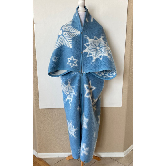 VTG BIEDERLACK ACRYLIC BLEND THROW CUDDLE SNAP Zipper BLANKET BLUE SNOWFLAKE - Picture 1 of 9